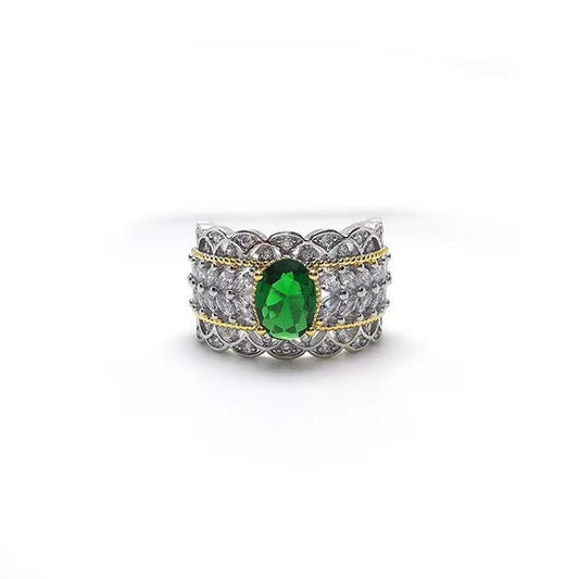 Emerald Big Diamond Open - end Zircon Ring with Hollow Out Design Silver