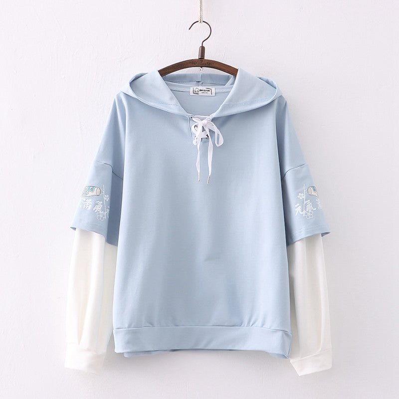 Energy Print Hooded Splicing Pullover Hoodie for Women Blue