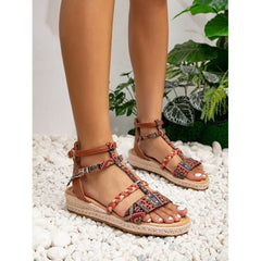 Ethnic style flat bottomed flower peep - toe women's Roman sandals Dark Brown