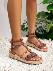 Ethnic style flat bottomed flower peep - toe women's Roman sandals Dark Brown