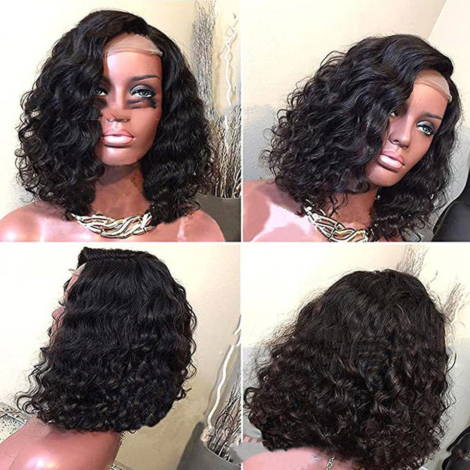 European & American Front Lace Wig: Medium Black Short Curly Hair 10 Inches