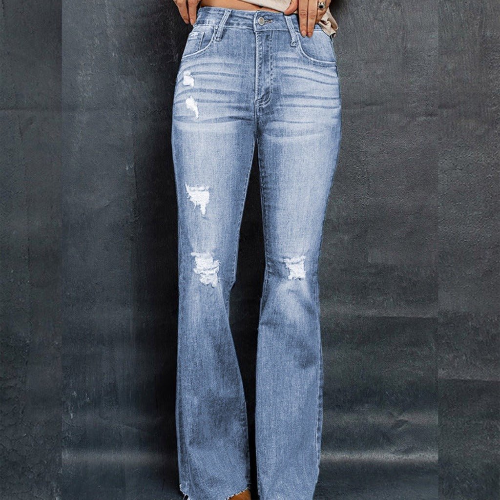 European And American High Waist Slim Denim Washed And Frayed Wide Leg Pants Trousers Blue