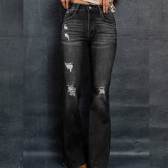 European And American High Waist Slim Denim Washed And Frayed Wide Leg Pants Trousers Black