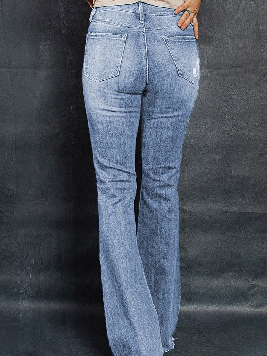 European And American High Waist Slim Denim Washed And Frayed Wide Leg Pants Trousers Blue