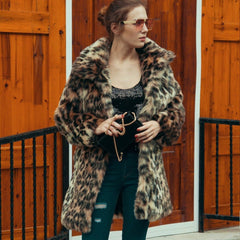 European And American Luxury Lapel Leopard Like Fur Long - line Coat Leopard print