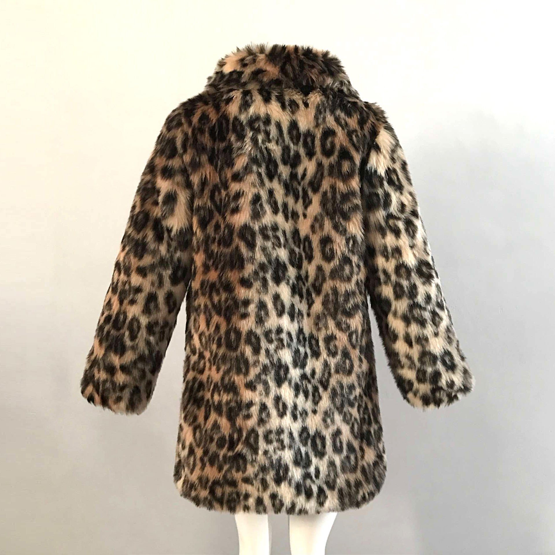 European And American Luxury Lapel Leopard Like Fur Long - line Coat Leopard print