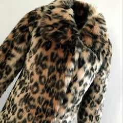 European And American Luxury Lapel Leopard Like Fur Long - line Coat Leopard print