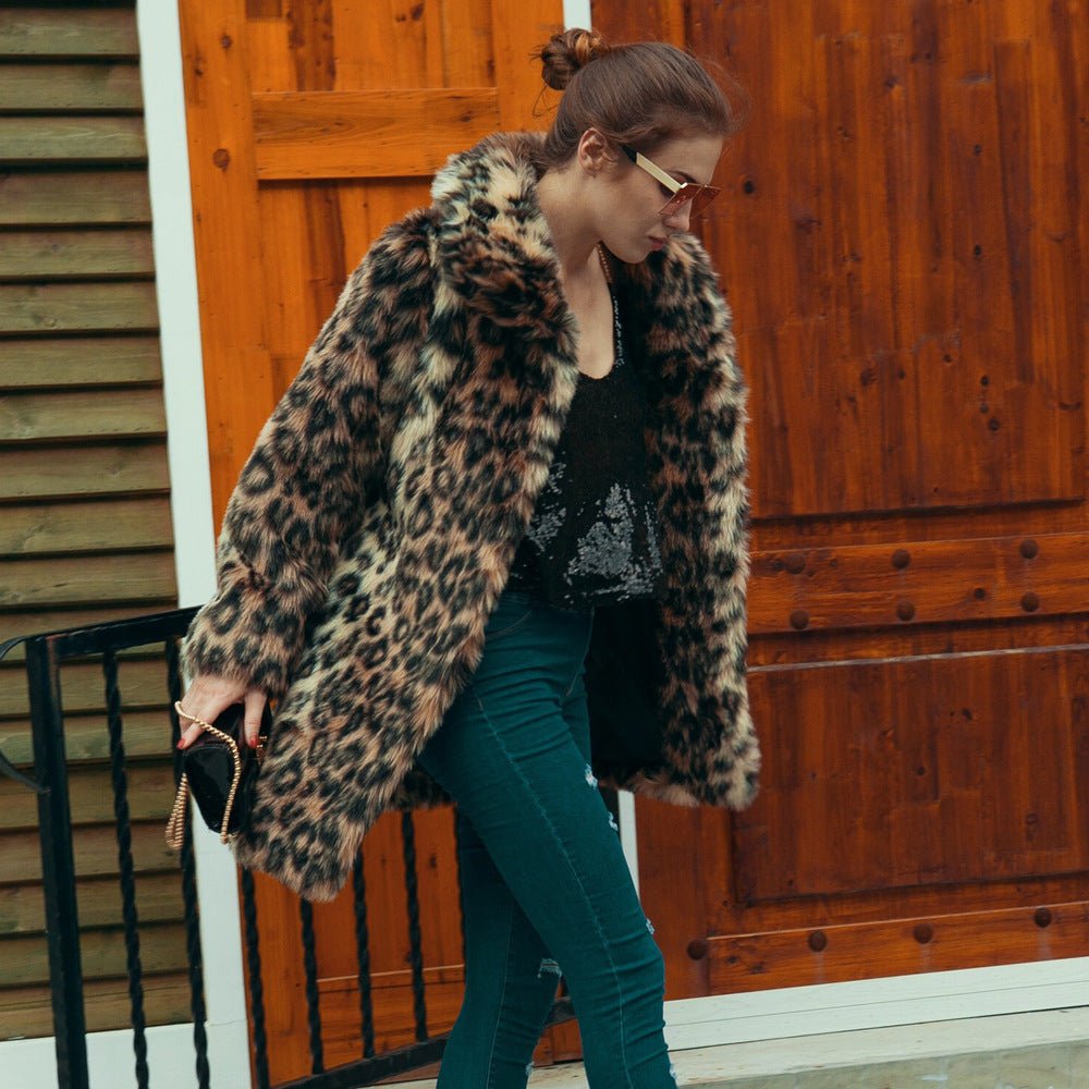 European And American Luxury Lapel Leopard Like Fur Long - line Coat Leopard print