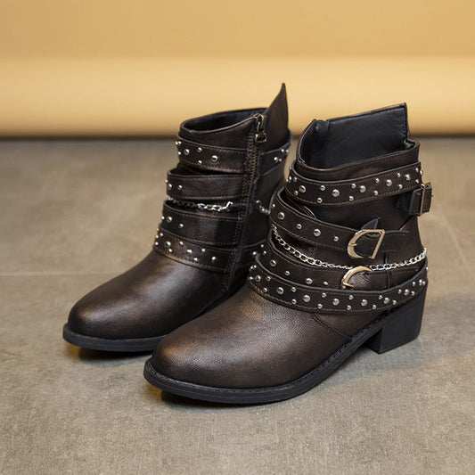 European And American Punk Rivet Leisure Women's Boots Dark Brown