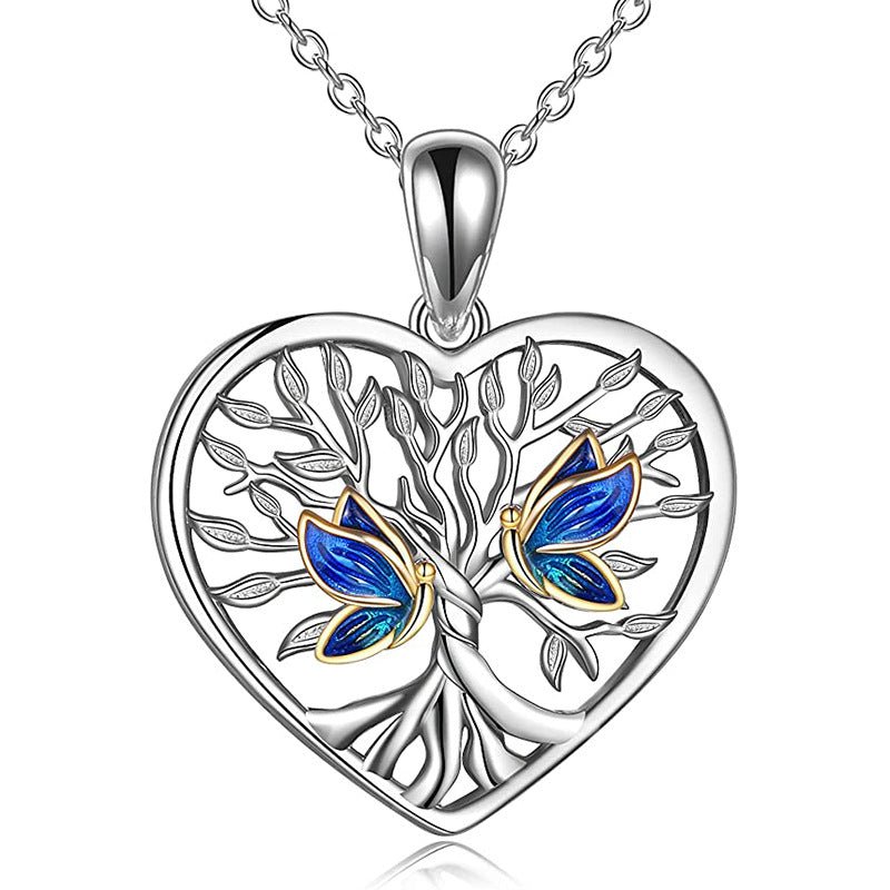 Exquisite Creative Tree Of Life Butterfly Pendant Necklace Silver