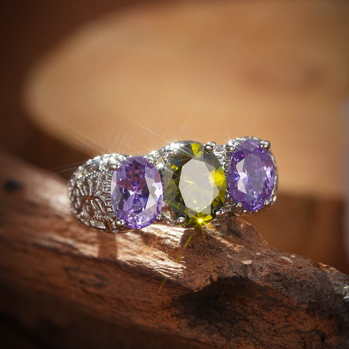 Exquisite Hand - Inlaid Color Zircon Ring for Elegant Charm Olive Green Purple