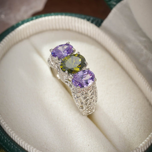 Exquisite Hand - Inlaid Color Zircon Ring for Elegant Charm Olive Green Purple