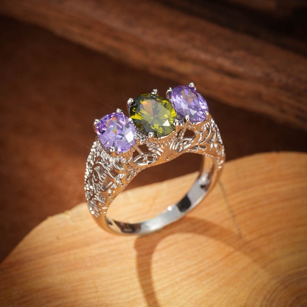 Exquisite Hand - Inlaid Color Zircon Ring for Elegant Charm Olive Green Purple