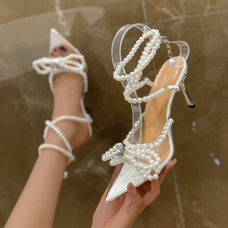 Fairy Baotou Rhinestone Bowknot High Heel Shoes Silver
