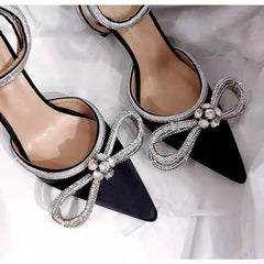 Fairy Baotou Rhinestone Bowknot High Heel Shoes Black