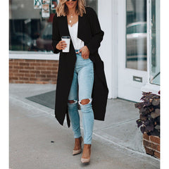 Fall Winter Fashion Woolen Long Solid Color Mid - length Trench Coat Black