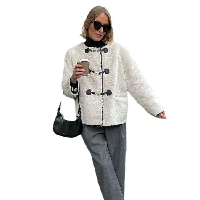 Fashion Cashmere Women's Metal Lock Catch Design Cardigan Jacket White