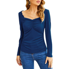 Fashion Casual Square Collar Pleated Slim - fit Long Sleeve Blue