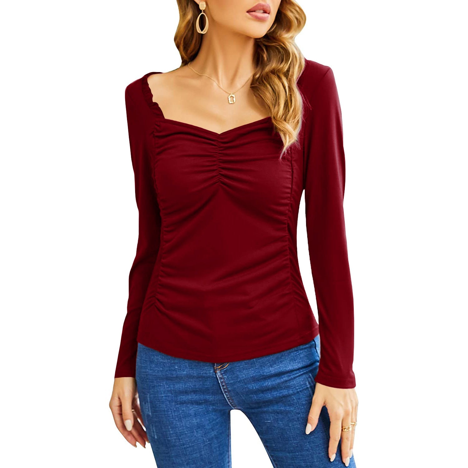 Fashion Casual Square Collar Pleated Slim - fit Long Sleeve Red