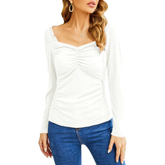 Fashion Casual Square Collar Pleated Slim - fit Long Sleeve White