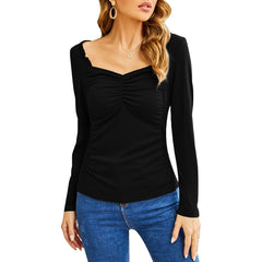 Fashion Casual Square Collar Pleated Slim - fit Long Sleeve Black