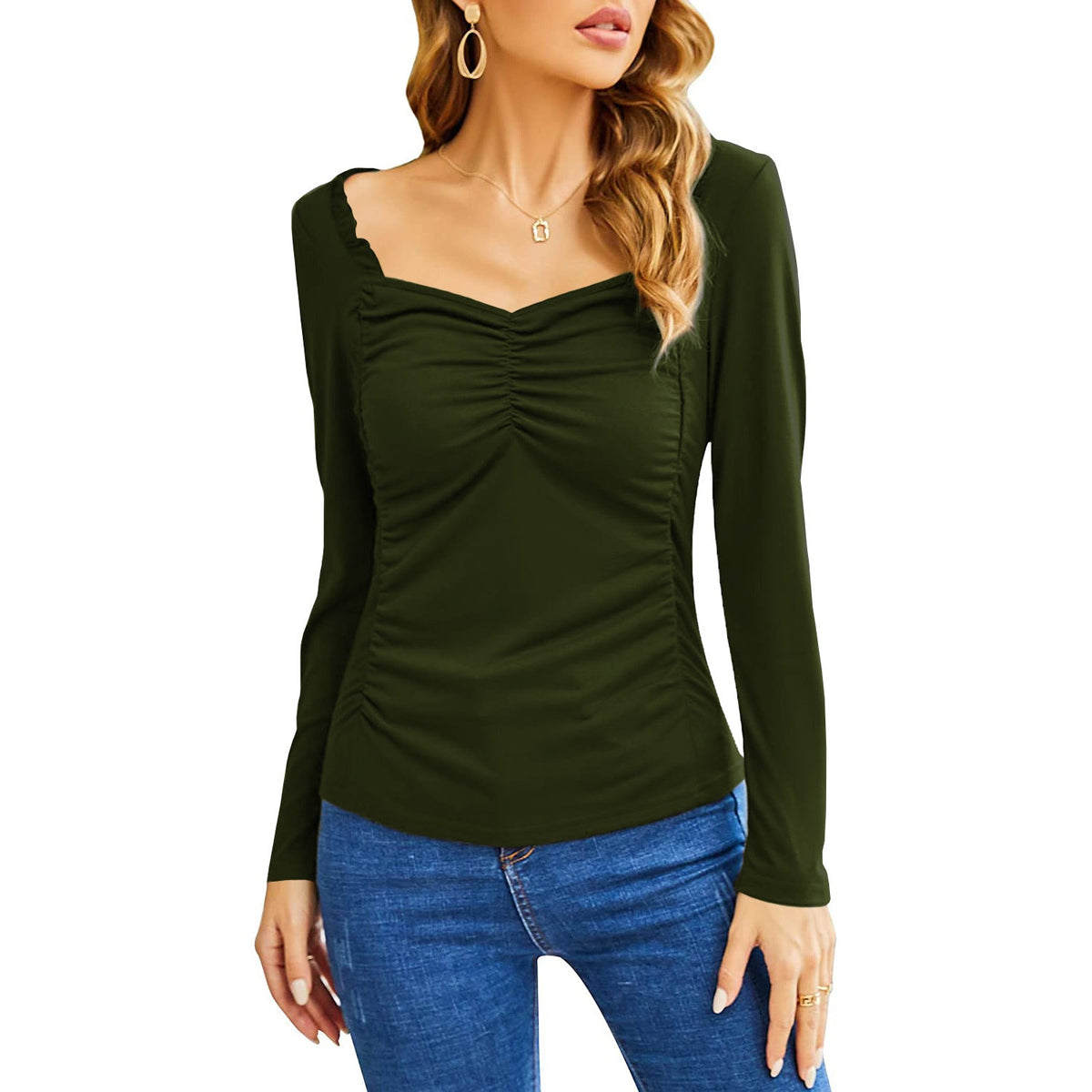 Fashion Casual Square Collar Pleated Slim - fit Long Sleeve Army Green