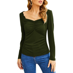 Fashion Casual Square Collar Pleated Slim - fit Long Sleeve Army Green