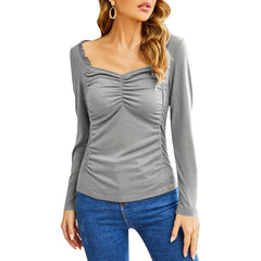 Fashion Casual Square Collar Pleated Slim - fit Long Sleeve Gray