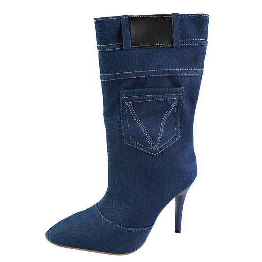 Fashion Denim Boots Women's Stiletto Pointed Toe Western Boots Blue