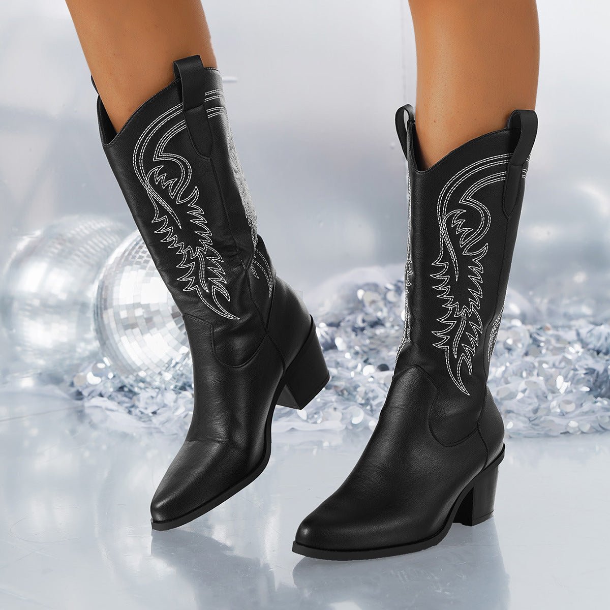 Fashion Embroidered Pointed Toe Square Heel Mid - calf Boots for Women Black