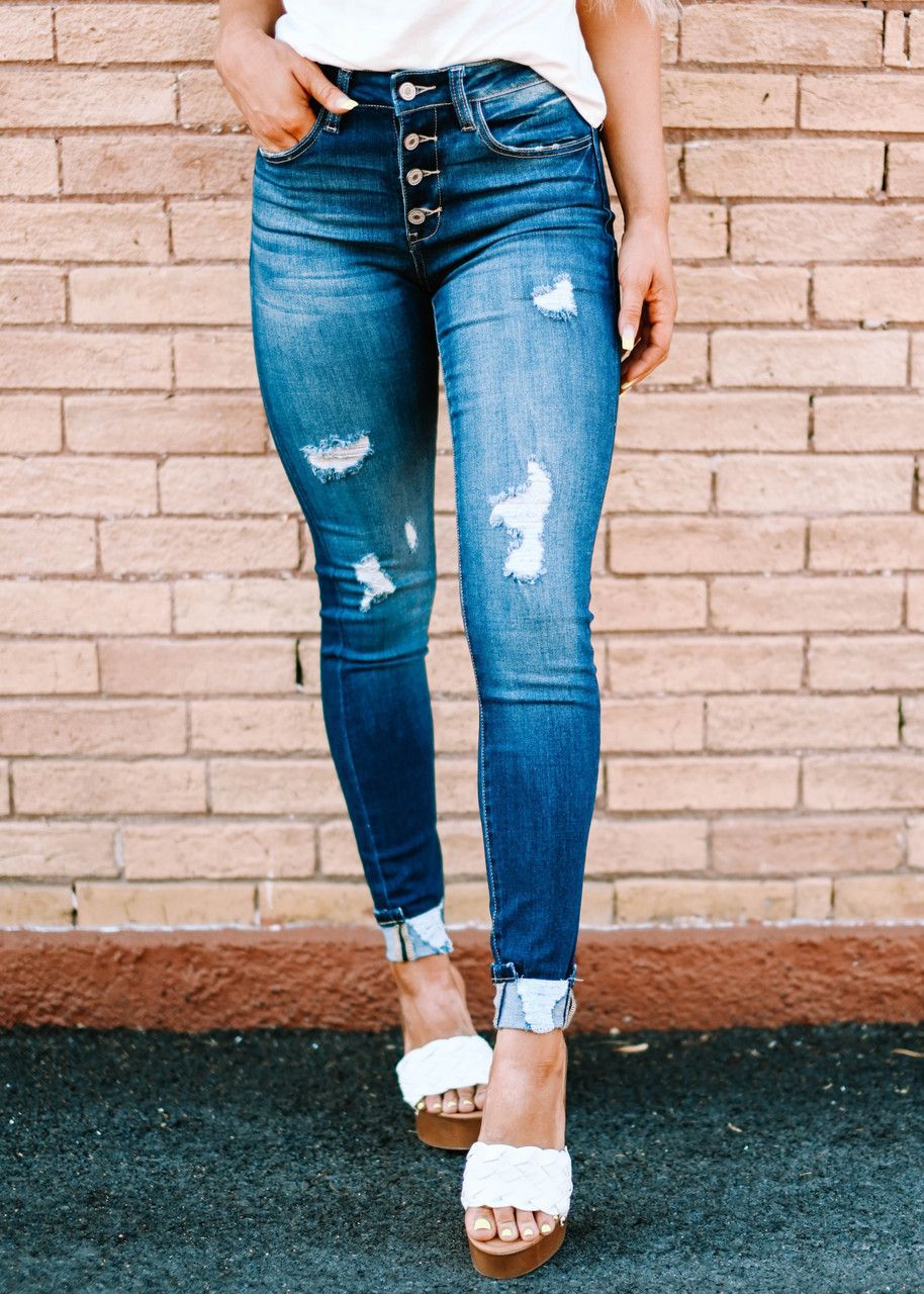 Fashion Holes Distressed Destroyed Edgy Ripped Skinny Jeans Denim Blue