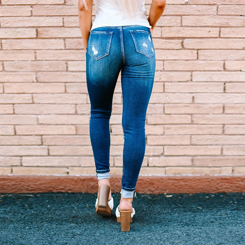 Fashion Holes Distressed Destroyed Edgy Ripped Skinny Jeans Denim Blue