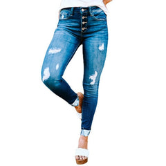 Fashion Holes Distressed Destroyed Edgy Ripped Skinny Jeans Denim Blue