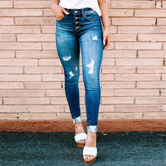 Fashion Holes Distressed Destroyed Edgy Ripped Skinny Jeans Denim Blue