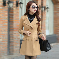 Fashion Korean Style Double - breasted Mid - length Slim Fit Coat Women's Wine Red