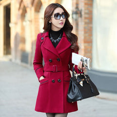 Fashion Korean Style Double - breasted Mid - length Slim Fit Coat Women's Wine Red