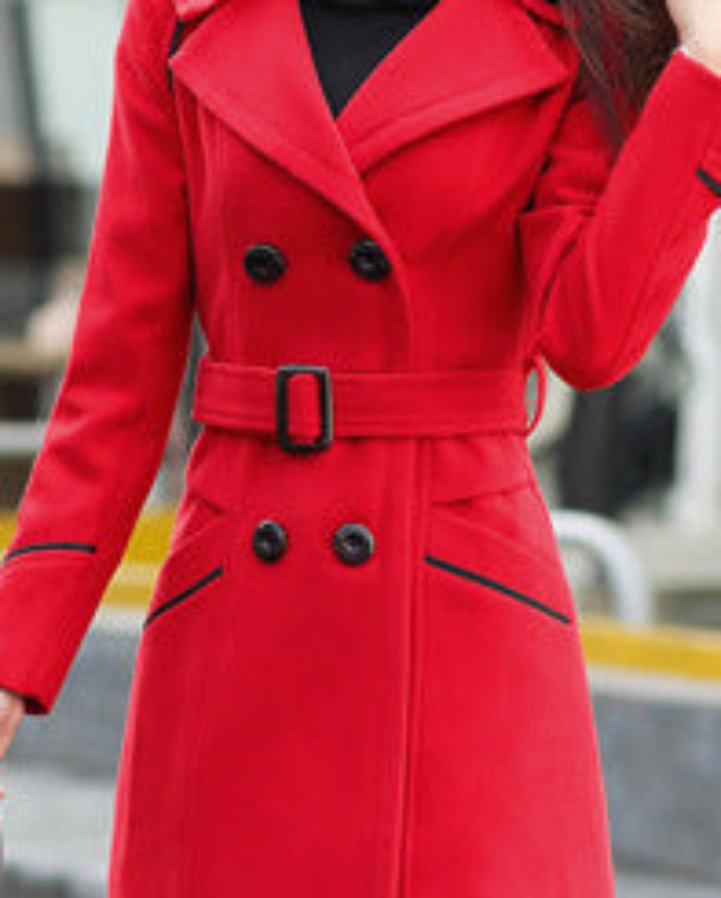 Fashion Korean Style Double - breasted Mid - length Slim Fit Coat Women's Red