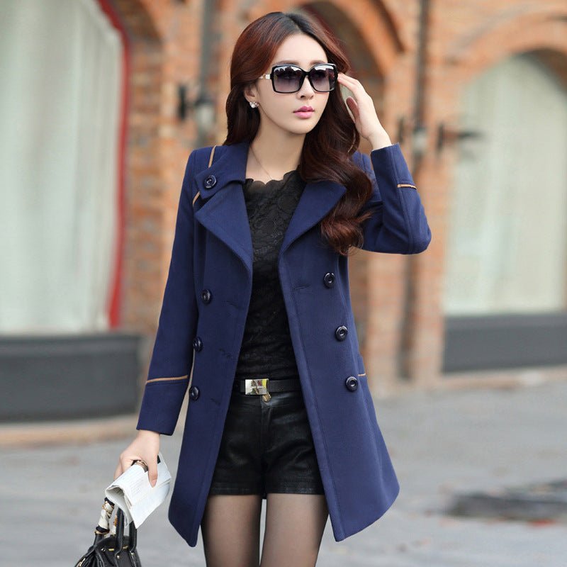 Fashion Korean Style Double - breasted Mid - length Slim Fit Coat Women's Wine Red