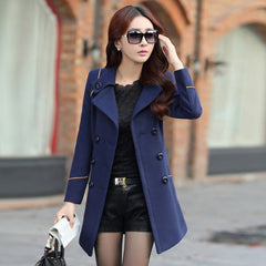 Fashion Korean Style Double - breasted Mid - length Slim Fit Coat Women's Navy Blue