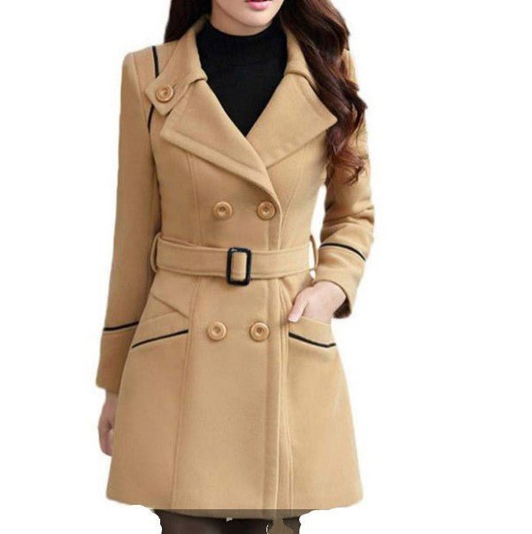 Fashion Korean Style Double - breasted Mid - length Slim Fit Coat Women's Khaki