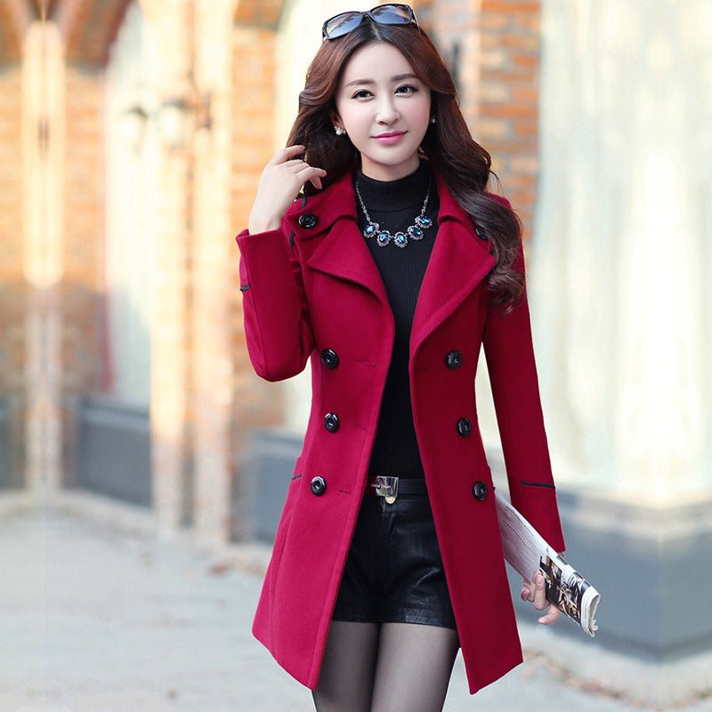 Fashion Korean Style Double - breasted Mid - length Slim Fit Coat Women's Wine Red