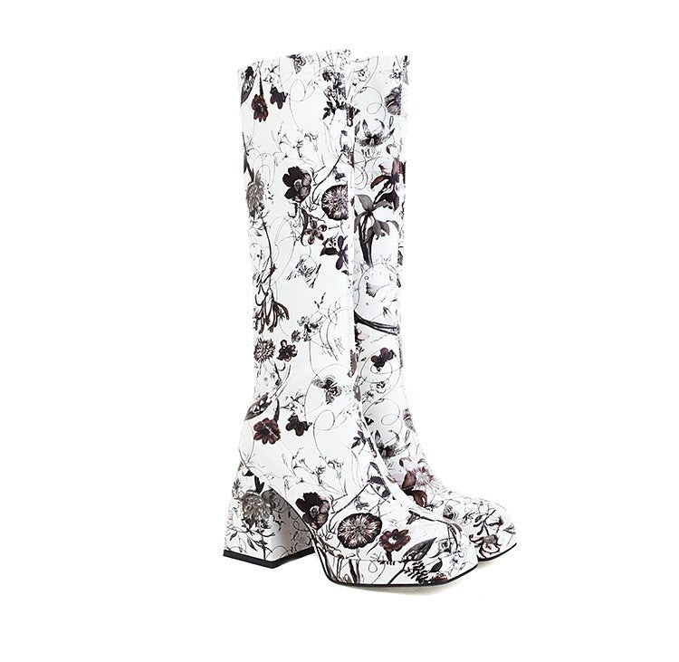 Fashion Ladies Square Toe But Knee Ankle Boots White