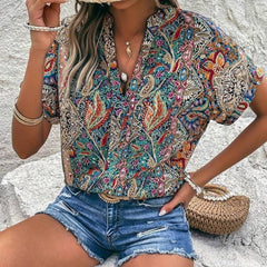 Fashion Printed V - neck Short Sleeve Shirt Multicolor