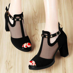 Fashion sandals women's mid - heel fish mouth shoes Black