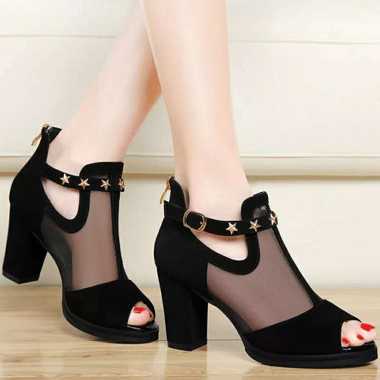 Fashion sandals women's mid - heel fish mouth shoes Black