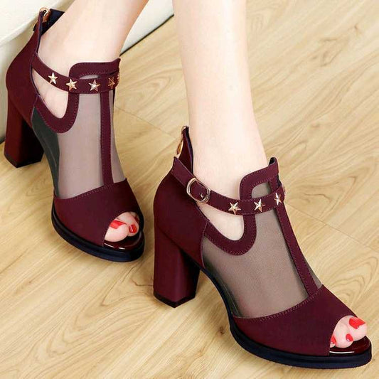 Fashion sandals women's mid - heel fish mouth shoes Black