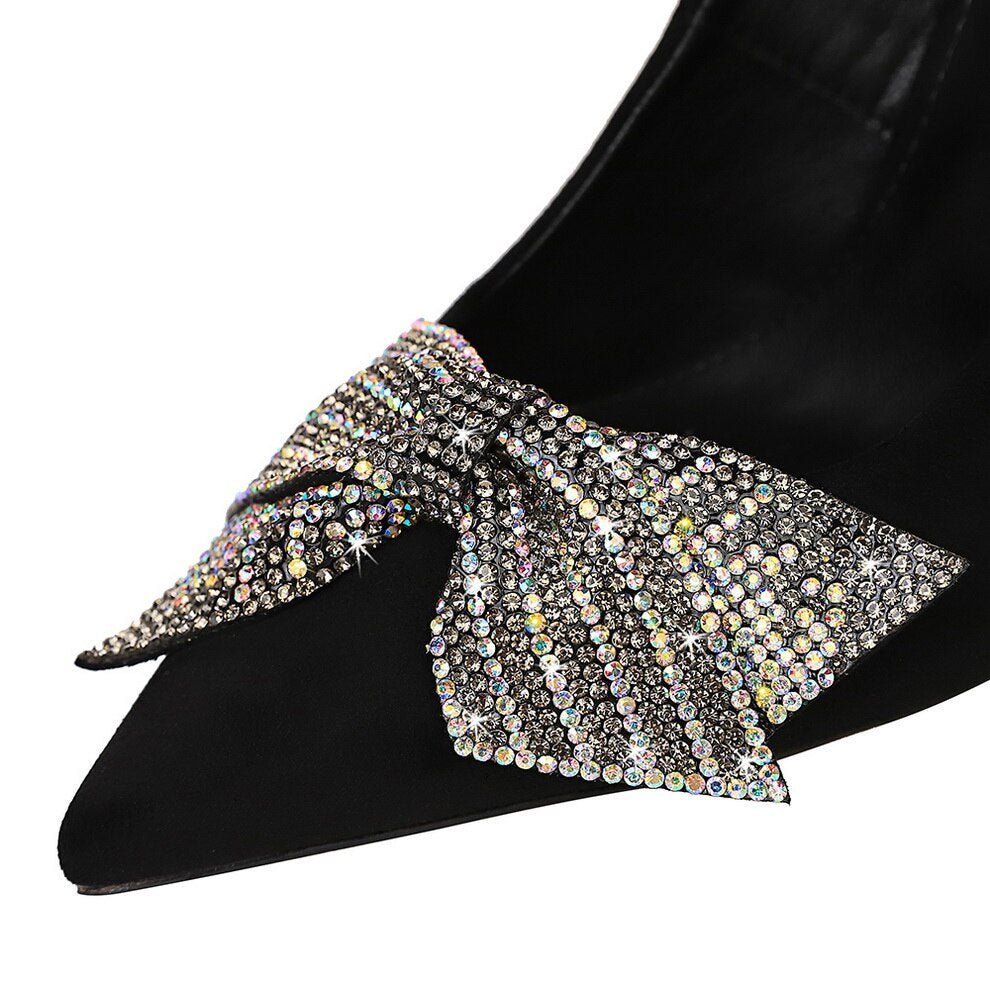 Fashion sexy slim stiletto high heel suede shallow pointy rhinestone bow single shoes Red