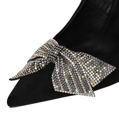 Fashion sexy slim stiletto high heel suede shallow pointy rhinestone bow single shoes Red