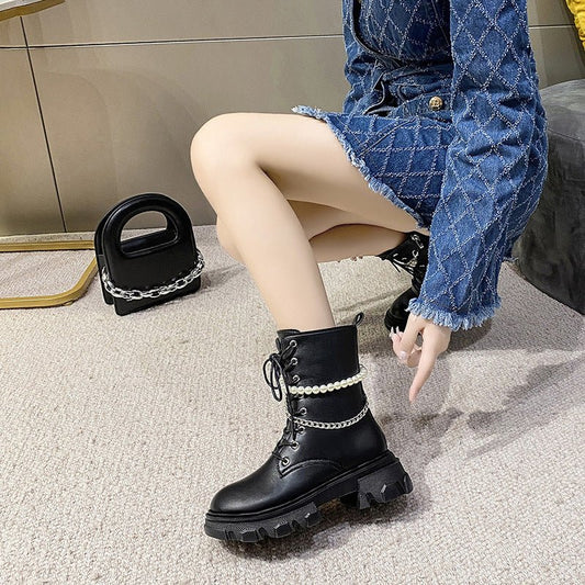 Fashion Women's Pearl Chain Platform Ankle Boots Black gloss