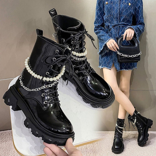 Fashion Women's Pearl Chain Platform Ankle Boots Black gloss